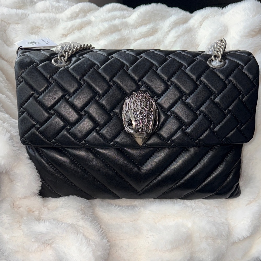 NWT KURT GEIGER XXL KENSINGTON Black Quilted Shoulder Bag with Silver Chain